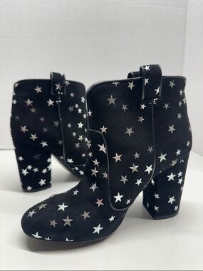Laurence Dacade Pete Ankle Boots Star Print Suede Heeled Booties Black Size 37